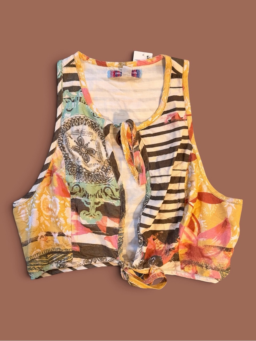 NWT Boho Patchwork Tie-Front Vest Top Mixed Print Botanical - Size L